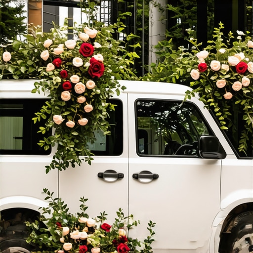 Luxury Wedding Delivery with Tech and Sustainability A high-end wedding delivery van equipped with tracking devices, parked amidst a floral ceremony setup.