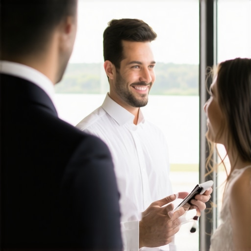 Elegant wedding servers utilizing advanced communication tools with guests in a refined setting.