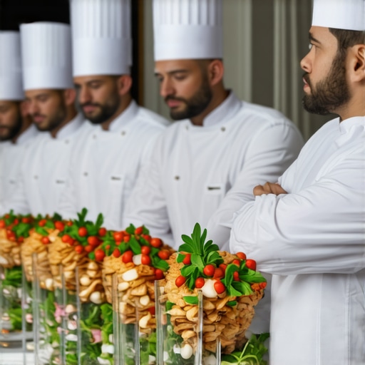 Luxury Wedding Service Excellence Elegant private chefs and servers providing impeccable service at a high-end wedding event.