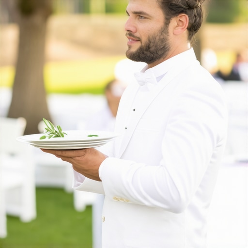 Luxury Wedding Service Expertise Professional wedding server in formal attire serving guests at a high-end outdoor wedding