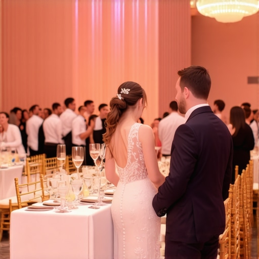 Sophisticated wedding reception with attentive staff and elegant decor.