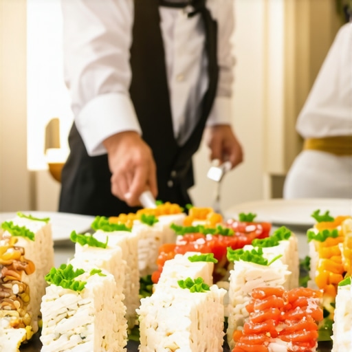 Wedding staff providing personalized service at a high-end wedding event, showcasing culinary artistry and technological integration