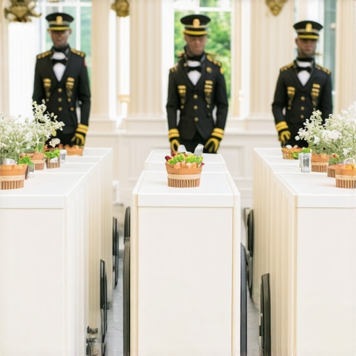 Elegant wedding reception with attentive staff and high-end catering setup.