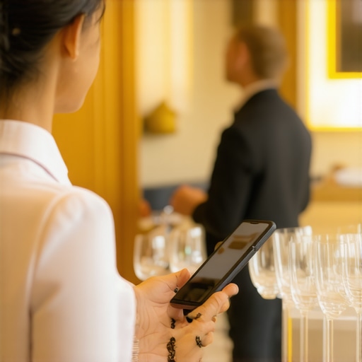 Luxury event staff utilizing discreet tech tools Sophisticated event servers with communication devices ensuring seamless service