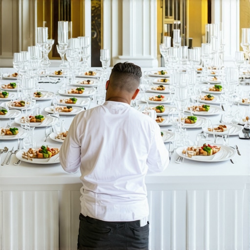 A stylish wedding table with a chef plating exquisite dishes in a luxurious setting