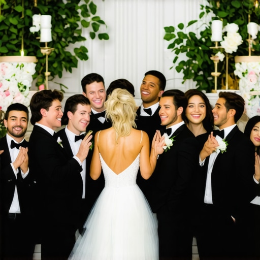 Elegant wedding reception with professional servers engaging with guests amidst luxurious decor.