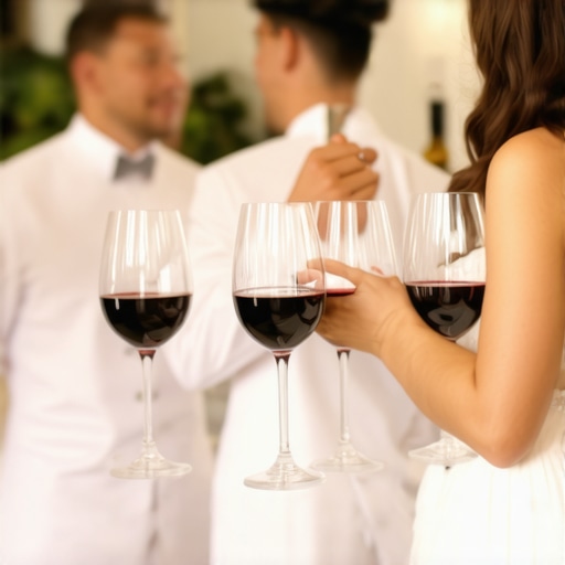 Luxury wedding wine service in action Servers showcasing wine presentation at an upscale wedding event.