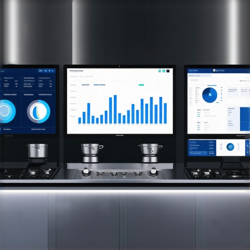 A high-tech control station in a professional kitchen with digital dashboards and connected devices, representing innovative delivery management.