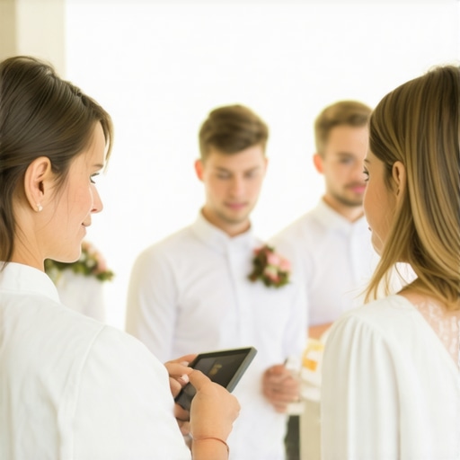 Modern Wedding Catering Coordination Catering staff using tablets to coordinate food and service logistics at a wedding.