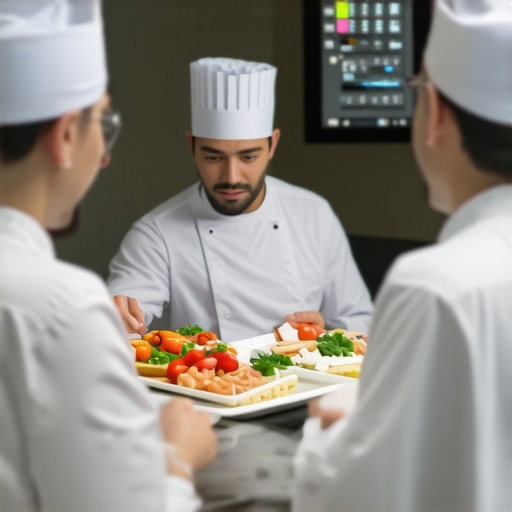 Modern Wedding Catering Tech Setup A sophisticated wedding catering kitchen featuring IoT-connected appliances and real-time food safety monitoring systems.