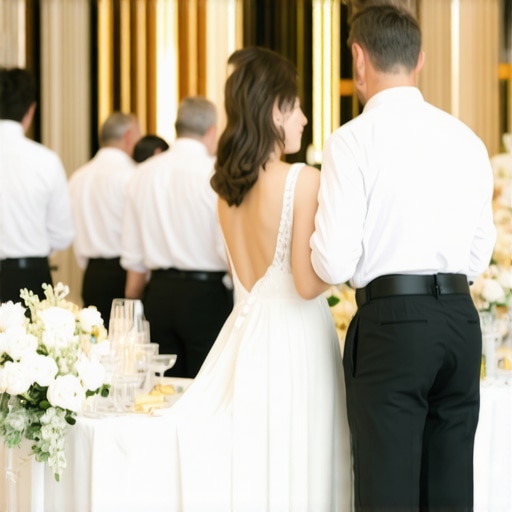 Modern Wedding Service with Tech Integration Servers using tablets and AR devices at a high-end wedding reception.