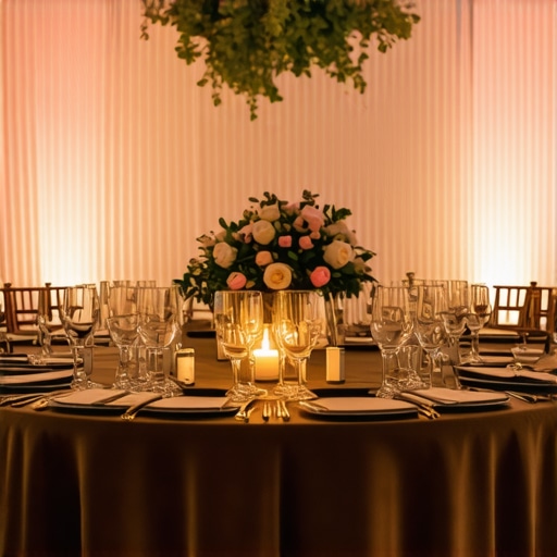 Multisensory Wedding Atmosphere Beautiful wedding reception with themed lighting, floral arrangements, and sensory elements.
