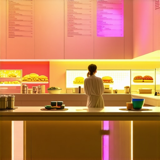 Next-Gen Corporate Dining Experience Futuristic workplace with augmented reality food presentations and holographic interfaces.