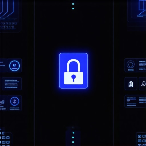 High-tech security control room with biometric and blockchain technology for office deliveries