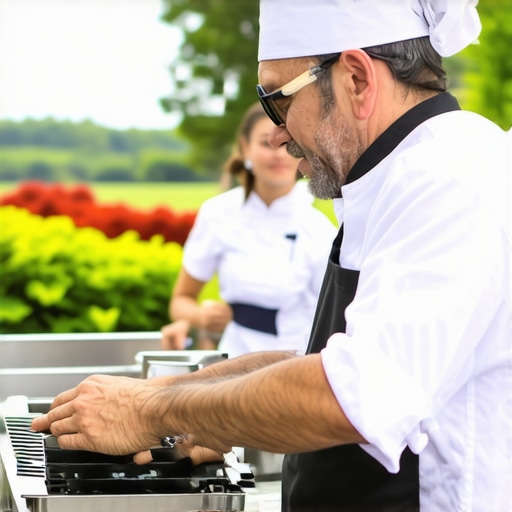 Outdoor Wedding Culinary Station Chef preparing gourmet dishes at outdoor wedding setup