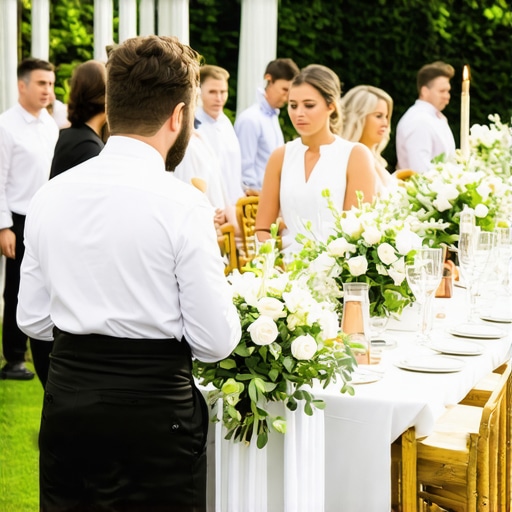 Professional wedding servers providing discreet and efficient service at an outdoor wedding reception