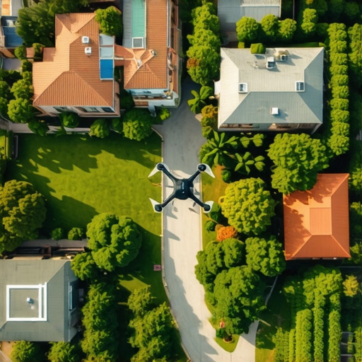 A drone flying above a detailed estate map illustrating advanced logistic routes.