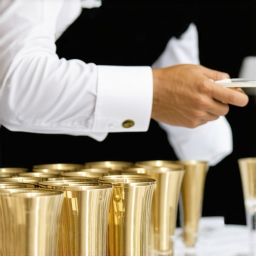 Elegant waitstaff synchronizing service actions during a wedding reception
