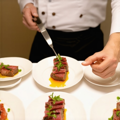 A private chef expertly plating a gourmet dish at a luxury wedding reception