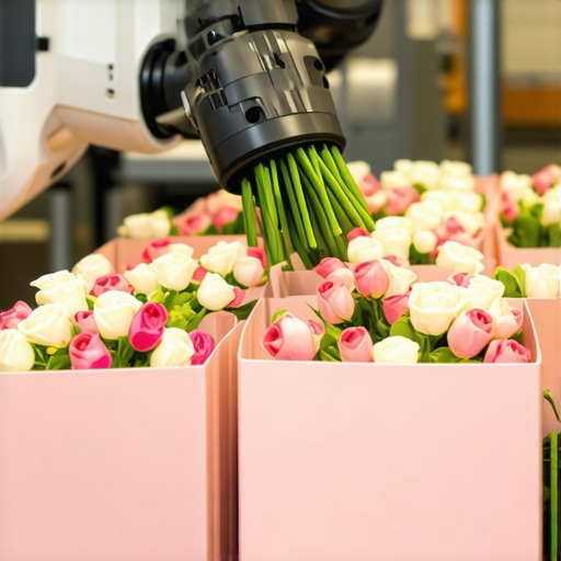 Robotic Floral Handling for Precision Delivery A robotic arm carefully arranging and packaging fresh wedding flowers in a modern facility.