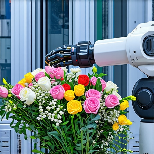 Robotic floral handling system during high-value deliveries. Robotic arm carefully arranging flowers in a climate-controlled shipment container.