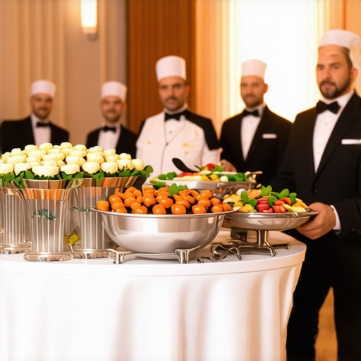 Discreet catering service preparing gourmet dishes for an upscale wedding event.