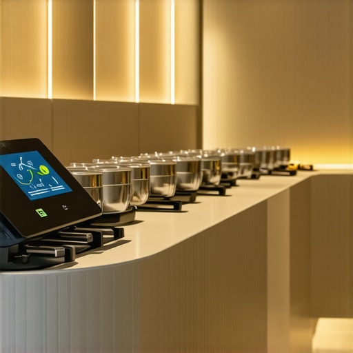 High-tech catering setup with sensors and digital interfaces for event food service
