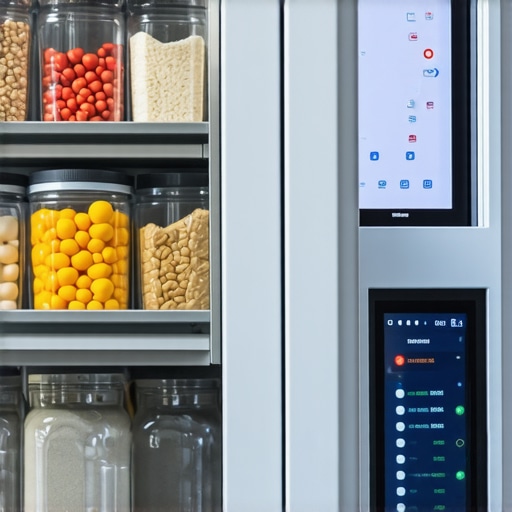 A modern kitchen with digital inventory sensors and screens tracking ingredients in real-time.