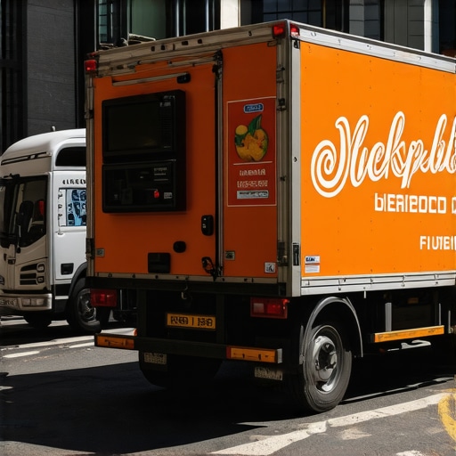 Climate-controlled seafood delivery truck navigating city traffic at midday.
