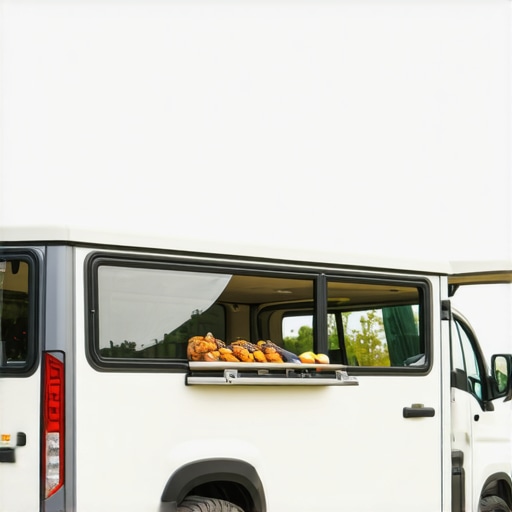 Smart Sustainable Catering Logistics High-tech, eco-friendly catering delivery van equipped with IoT sensors operating outdoors.