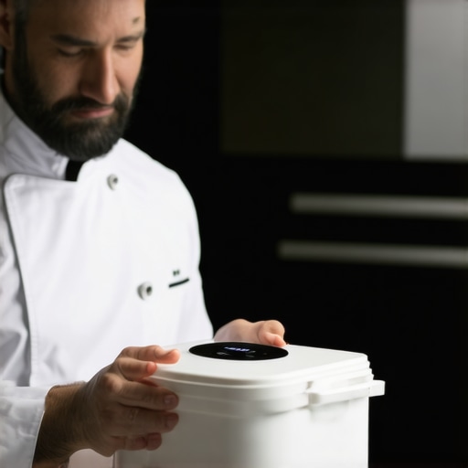 Smart Temperature Monitoring in Food Delivery Close-up of a chef placing a temperature sensor into a thermal food container for delivery.