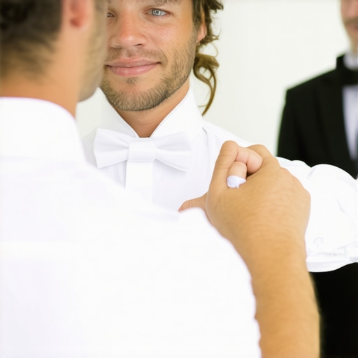 A professional waiter discreetly attends to guests at a luxury wedding reception.
