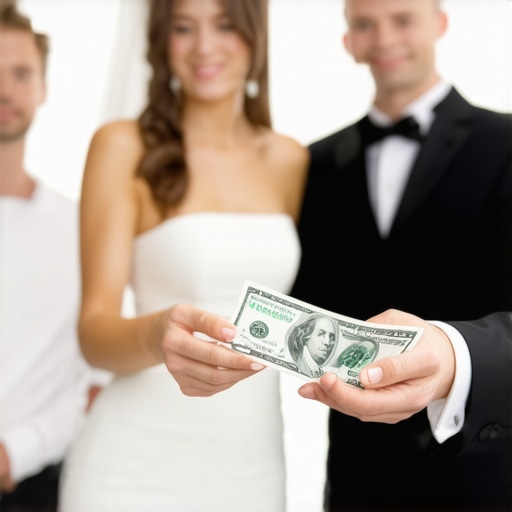 Caterers and servers receiving cash tips during an upscale wedding celebration