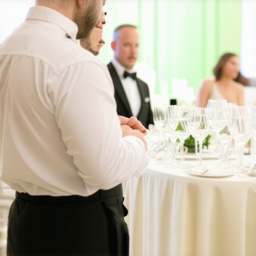 Sophisticated Wedding Glass Service Servers at a wedding reception carefully watching guest to decide when to clear glasses