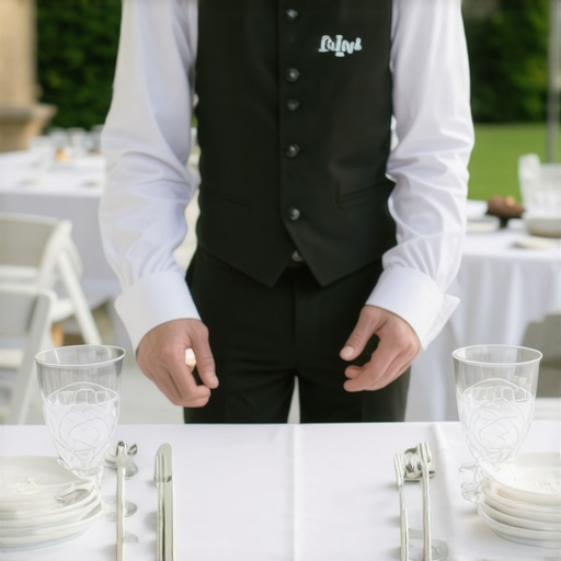 Wedding server in tailored, branded uniform serving guests at an elegant outdoor wedding venue