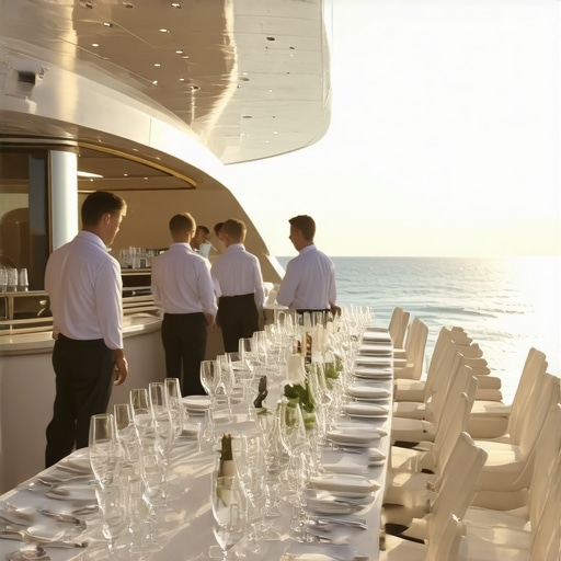 Sophisticated Yacht Dining Experience Elegant yacht restaurant with attentive staff and scenic ocean views