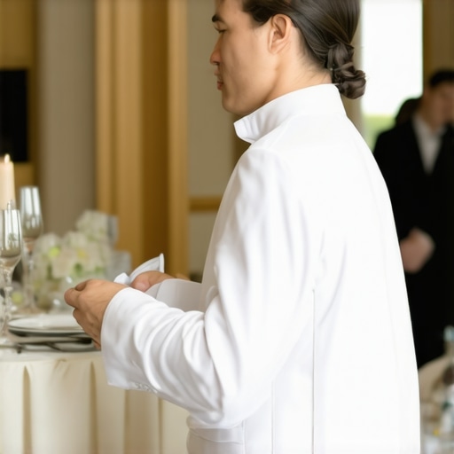 Sophisticated wedding server providing attentive service A professional server dressed in formal wear attending to guests at an upscale wedding venue.