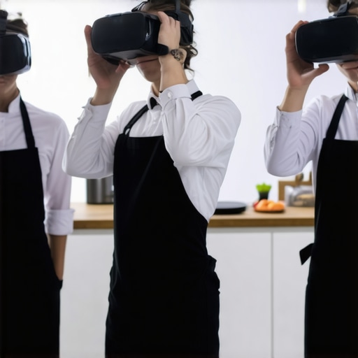 Catering staff practicing emergency scenarios with VR technology in a professional kitchen.