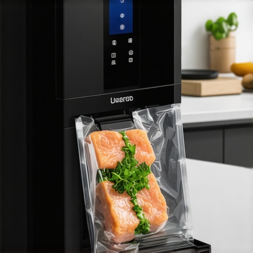 A professional vacuum-sealer sealing containers of leftovers in a pristine kitchen setting.
