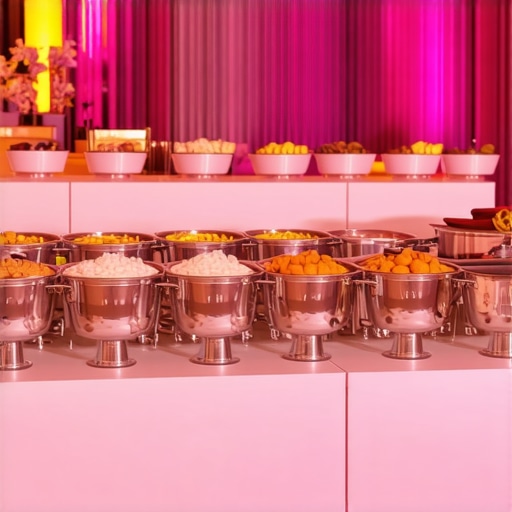 Stylish wedding buffet layout emphasizing spatial design and guest flow Beautiful wedding buffet with well-organized stations and ambient lighting