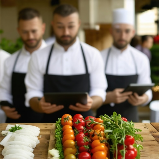 Catering team using digital communication tools during wedding reception