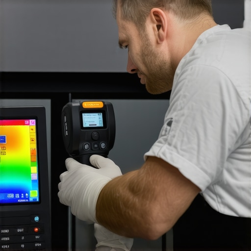 Chef using thermal camera to inspect stove heat distribution for optimal cooking performance.
