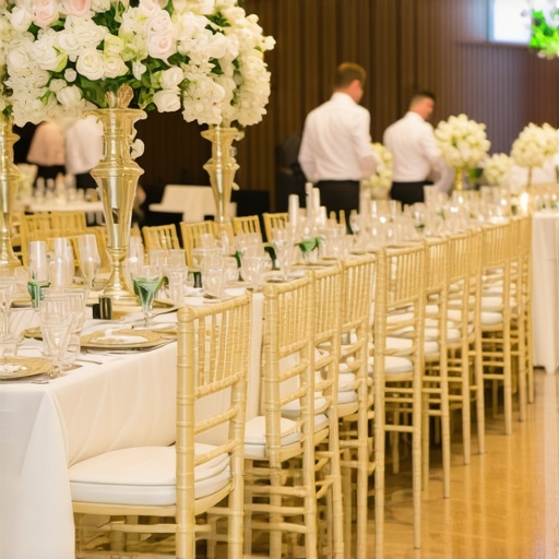 Wedding venue with efficient service zones and guest pathways