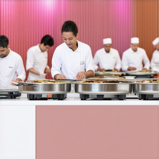 Wedding catering setup with organized waste bins and professional chefs