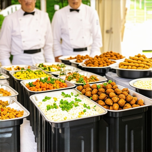 Professional delivery staff handling wedding catering with insulated boxes and elegant setup