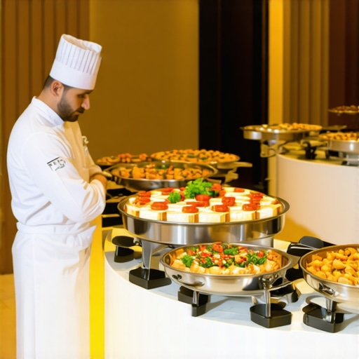 Wedding Catering Setup with Private Chefs A beautifully arranged wedding catering setup showing private chefs preparing food and delivery stations in a luxurious venue.