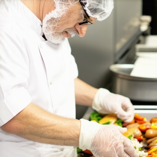 Wedding Chef Maintaining Hygiene Standards Wedding chef practicing proper hygiene in a sanitized kitchen setting