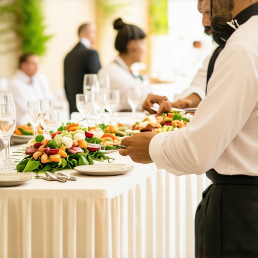 Servers and private chefs at an elegant wedding reception ensuring seamless dining experience.