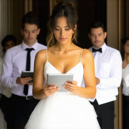 Wedding Service Staff Using Technology Wedding servers coordinating using tablets in a sophisticated venue.