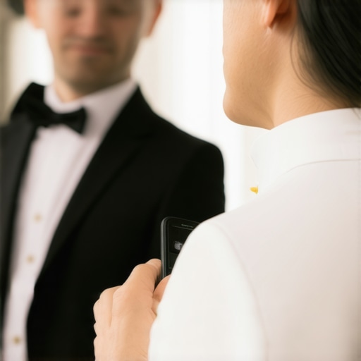 Wedding Staff Using Wearables for Coordination Wedding staff wearing smart badges coordinating seamlessly during event